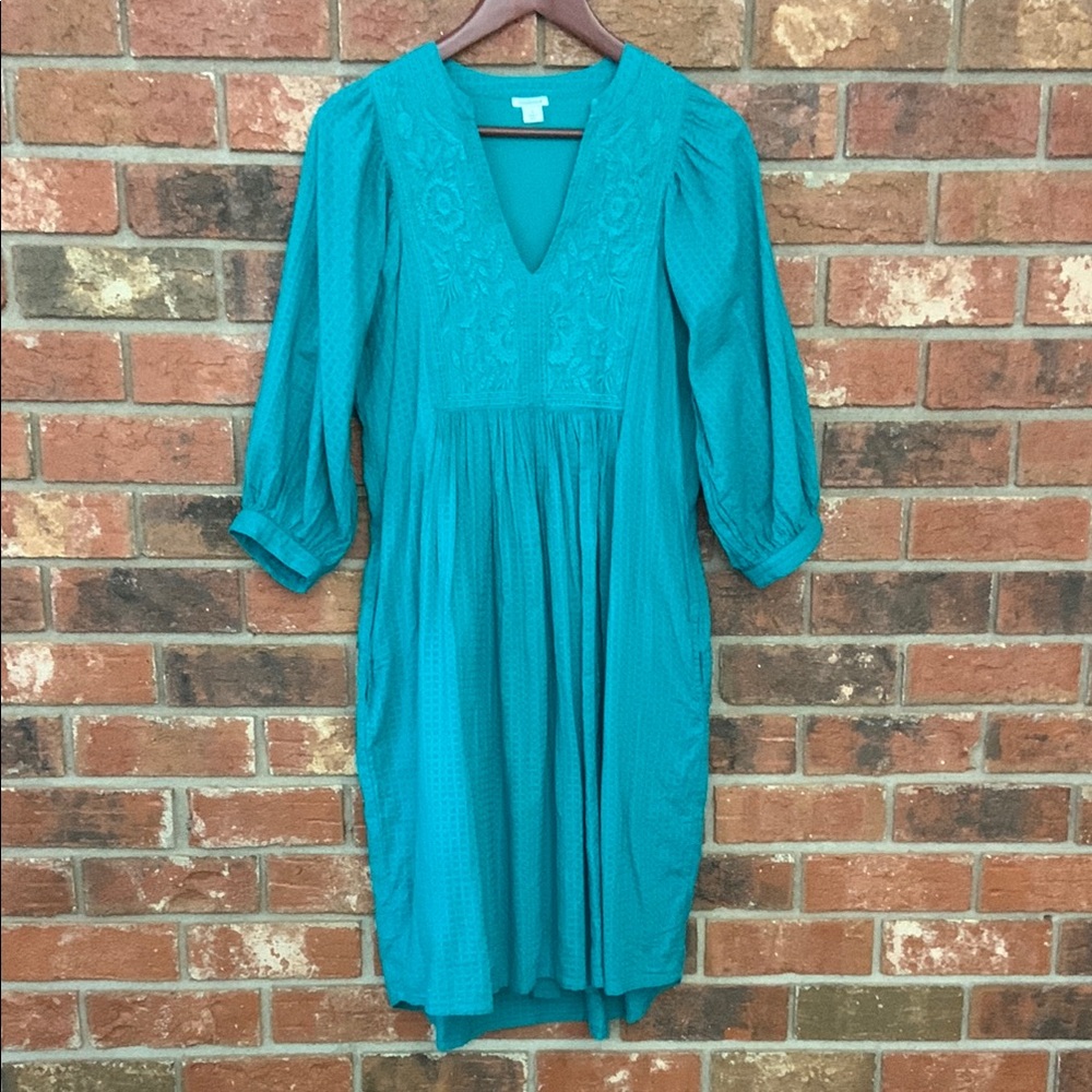 Sundance Turquoise Embroidered Cotton V Neck Dress
